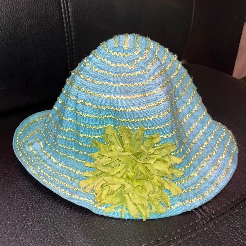 Toddler Hat Aqua with Lime Stripe Accent and Flower